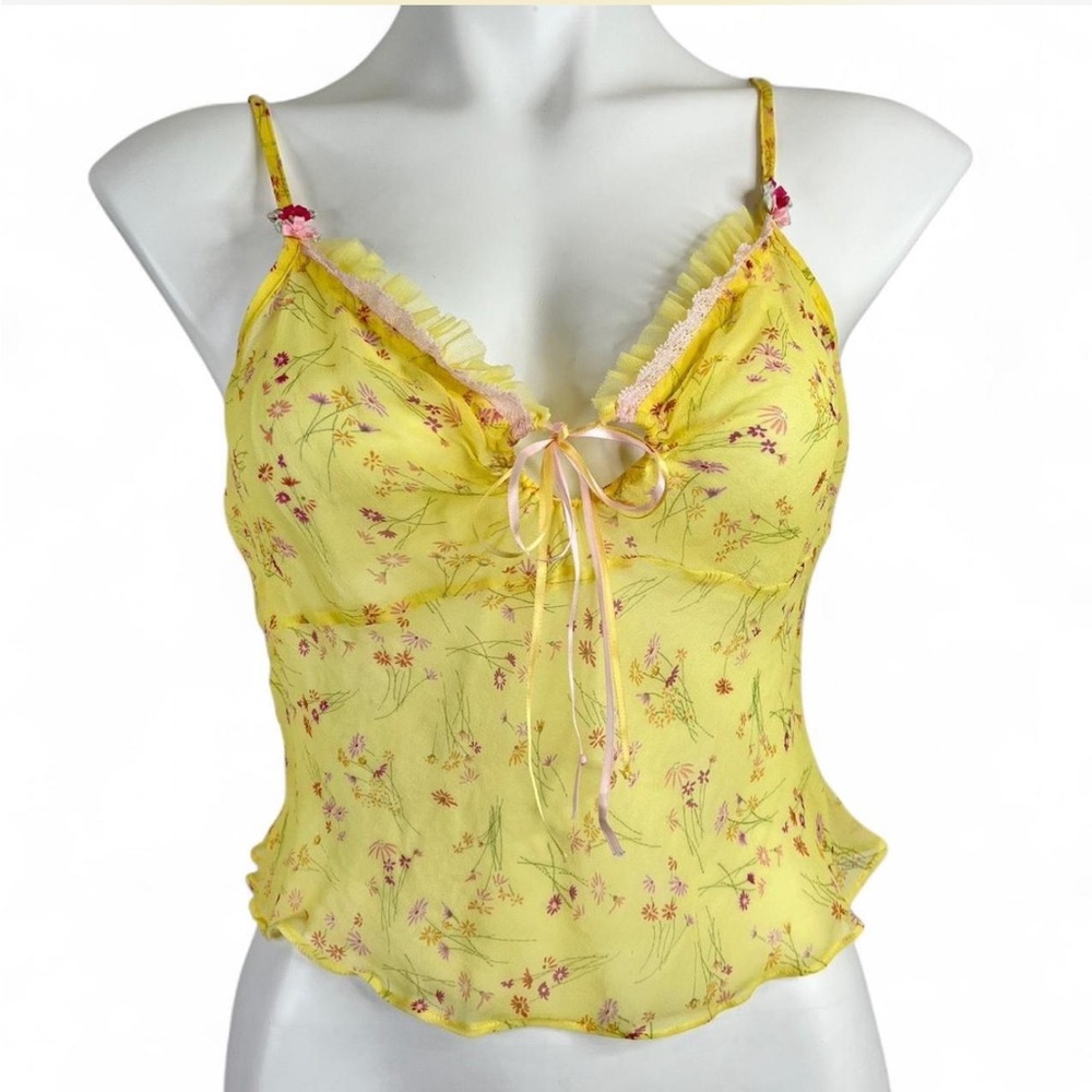 Y2K Lola C. Sheer Yellow Floral Silk Cami Top Ribbon Bow Flower Rosettes Medium